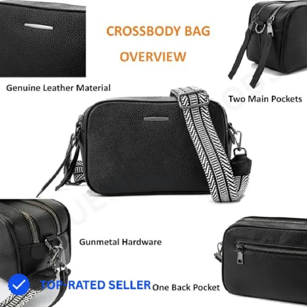 Genuine Leather Crossbody Bag Square Camera Messenger Purse Two Straps - Picture 8 of 8